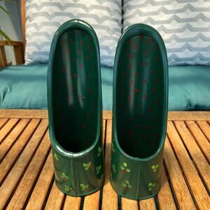 Vintage Ceramic hand painted Chalk wear Christmas green holly candle holders